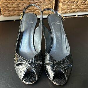 Stuart Weitzman snake skin black patent leather peep toe heels pumps Size 8